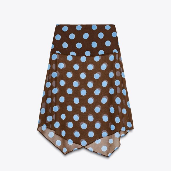 Zara Polka Dot Asymmetric Skirt // NWT BLUE-BROWN - Picture 1 of 6